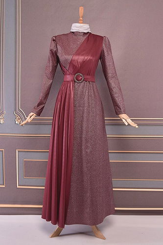 moda selvim Kemerli Simli Abiye ASM2538-M Bordo - Thumbnail