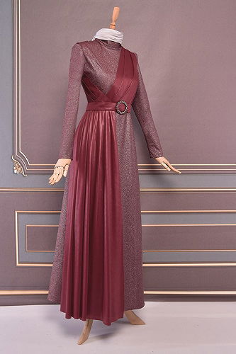 moda selvim Kemerli Simli Abiye ASM2538-M Bordo - Thumbnail