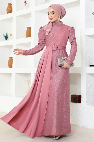 moda selvim Kemerli Simli Abiye ASM2538-M Gül Kurusu - Thumbnail