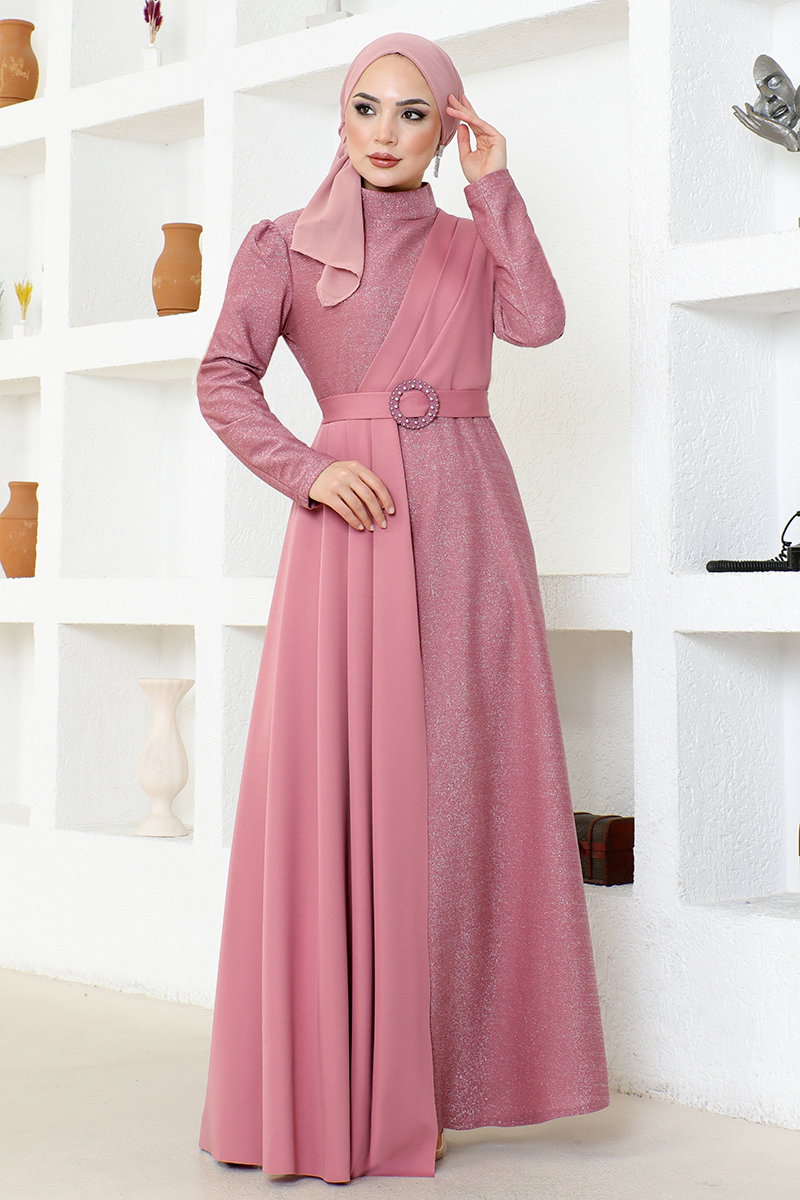 Kemerli Simli Abiye ASM2538-M Gül Kurusu