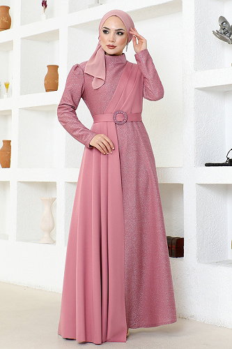 moda selvim Kemerli Simli Abiye ASM2538-M Gül Kurusu - Thumbnail