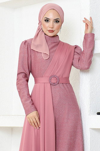 moda selvim Kemerli Simli Abiye ASM2538-M Gül Kurusu - Thumbnail