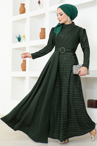 moda selvim Kemerli Simli Abiye ASM2538-M Haki - Thumbnail