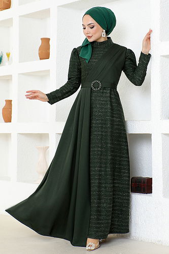 moda selvim Kemerli Simli Abiye ASM2538-M Haki - Thumbnail