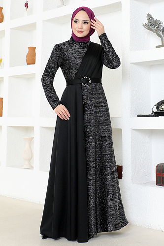 moda selvim Kemerli Simli Abiye ASM2538-M Siyah - Thumbnail