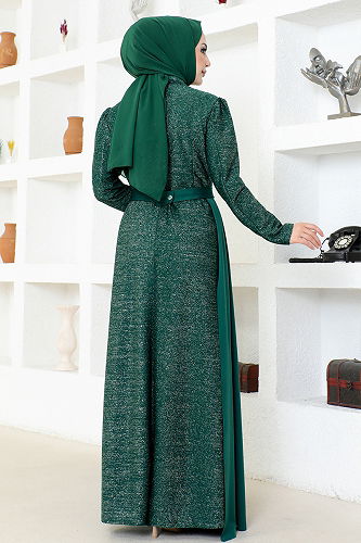 moda selvim Kemerli Simli Abiye ASM2538-M Zümrüt - Thumbnail