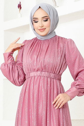 moda selvim Kemerli Simli Abiye ASM2689-M Gül Kurusu - Thumbnail