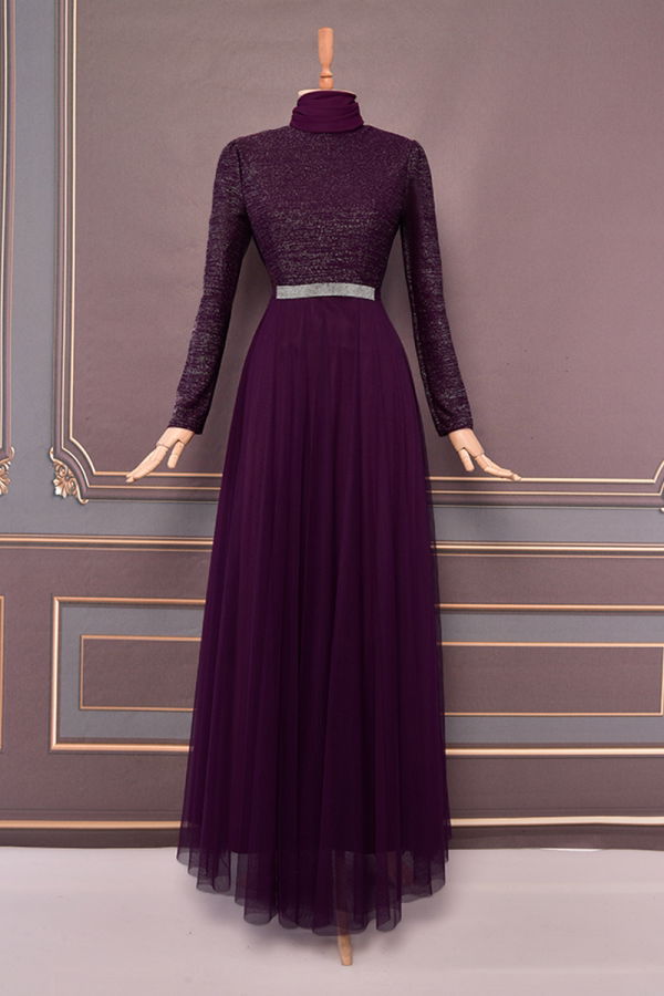 Modaselvim ABİYE Kemerli Simli Abiye EFY20040-M Mürdüm