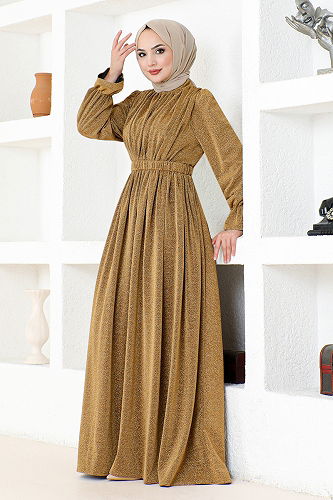moda selvim Kemerli Simli Tül Abiye DMN4551-M Gold - Thumbnail