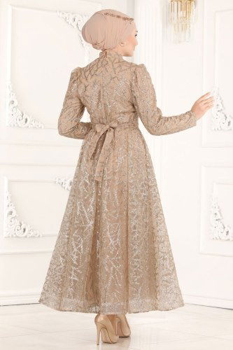moda selvim Kemerli Simli Tül Midi Abiye 6421YG95 Gold - Thumbnail