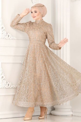 moda selvim Kemerli Simli Tül Midi Abiye 6421YG95 Gold - Thumbnail