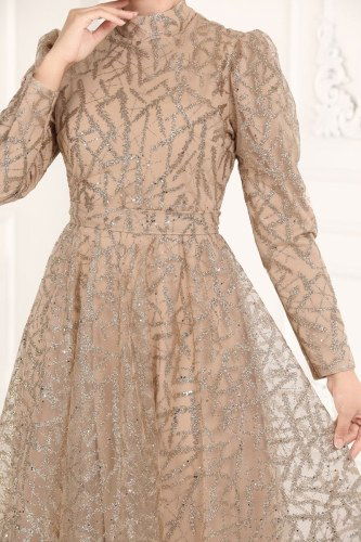 moda selvim Kemerli Simli Tül Midi Abiye 6421YG95 Gold - Thumbnail