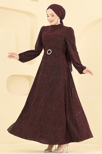 moda selvim Kemerli Taşlı Şık Abiye 5832EDFK1198 Bordo - Thumbnail