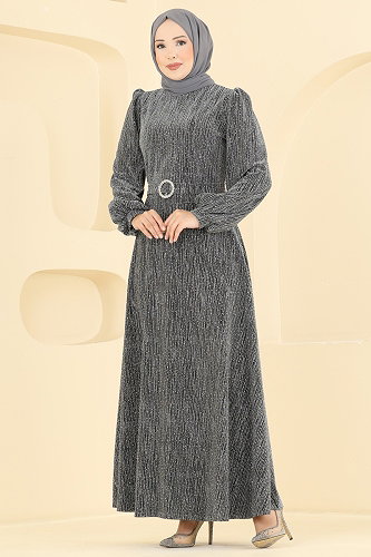 moda selvim Kemerli Taşlı Şık Abiye 5832EDFK1198 Gri - Thumbnail