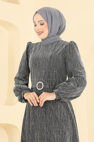 moda selvim Kemerli Taşlı Şık Abiye 5832EDFK1198 Gri - Thumbnail