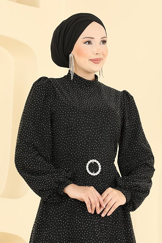 moda selvim Kemerli Taşlı Şık Abiye 5832EDFK1198 Siyah - Thumbnail