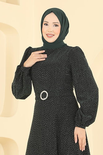 moda selvim Kemerli Taşlı Şık Abiye 5832EDFK1198 Zümrüt - Thumbnail