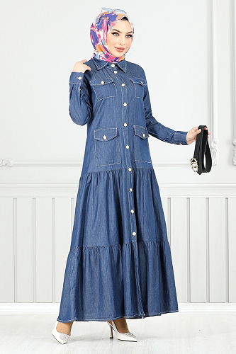 moda selvim Kemerli Tensel Kot Elbise 0332MSS941-M Koyu Kot - Thumbnail