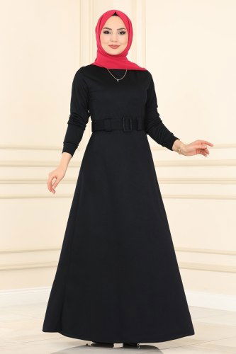 moda selvim Kemerli Tesettür Mira Elbise 1508UKB139 Laci - Thumbnail