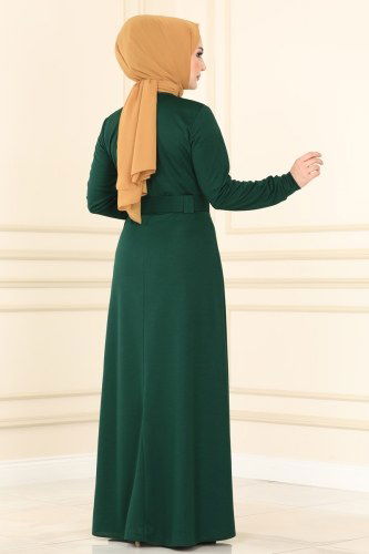moda selvim Kemerli Tesettür Mira Elbise 1508UKB139 Zümrüt - Thumbnail