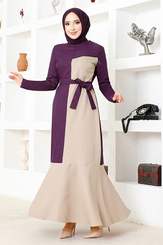 moda selvim Kemerli Tesettür Elbise ASM2692-M Mürdüm - Thumbnail