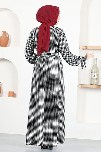 moda selvim Kemerli Tesettür Elbise MSL2060-M Siyah - Thumbnail