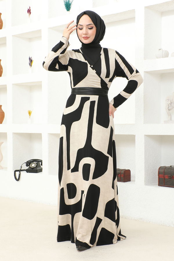 Modaselvim Elbise Kemerli Tesettür Elbise VTN921-M Vizyon