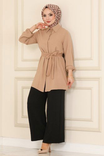 moda selvim Kemerli Tesettür Takım 7124NZR779 Latte&Siyah - Thumbnail