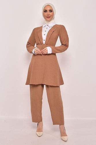 moda selvim Kemerli Tesettür Takım USL1444-M Camel - Thumbnail