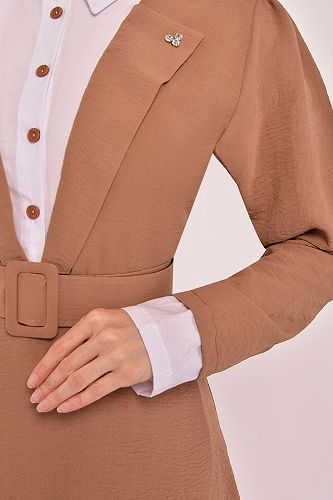 moda selvim Kemerli Tesettür Takım USL1444-M Camel - Thumbnail