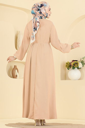 moda selvim Kemerli Toka Detaylı Elbise 2661MSZ1172 Bej - Thumbnail