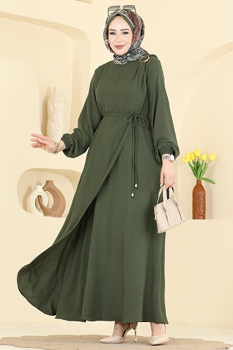 moda selvim Kemerli Toka Detaylı Elbise 2661MSZ1172 Haki - Thumbnail