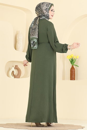 moda selvim Kemerli Toka Detaylı Elbise 2661MSZ1172 Haki - Thumbnail