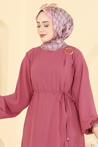 moda selvim Kemerli Toka Detaylı Elbise 2661MSZ1172 Koyu Gül Kurusu - Thumbnail