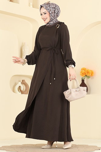 moda selvim Kemerli Toka Detaylı Elbise 2661MSZ1172 Koyu Kahve - Thumbnail