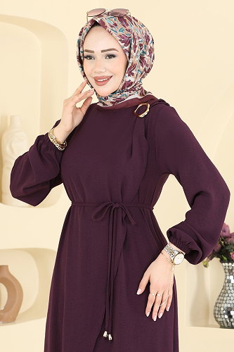 moda selvim Kemerli Toka Detaylı Elbise 2661MSZ1172 Mürdüm - Thumbnail