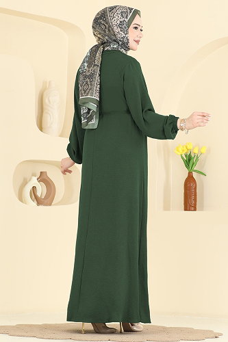 moda selvim Kemerli Toka Detaylı Elbise 2661MSZ1172 Nefti Yeşili - Thumbnail