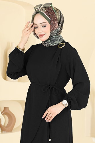 moda selvim Kemerli Toka Detaylı Elbise 2661MSZ1172 Siyah - Thumbnail