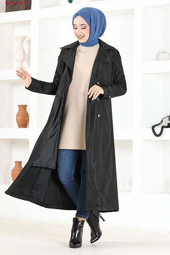 moda selvim Kemerli Trençkot MSL5963-M Siyah - Thumbnail