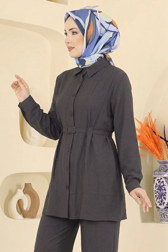 moda selvim Kemerli Tunik 2 li Takım 374ASN888 Açık Antrasit - Thumbnail