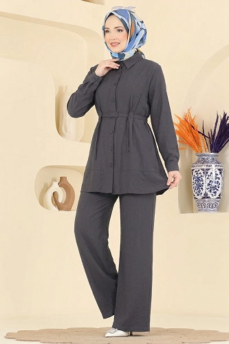 moda selvim Kemerli Tunik 2 li Takım 374ASN888 Açık Antrasit - Thumbnail