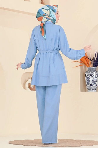 moda selvim Kemerli Tunik 2 li Takım 374ASN888 Bebe Mavisi - Thumbnail