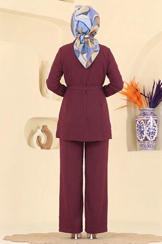 moda selvim Kemerli Tunik 2 li Takım 374ASN888 Bordo - Thumbnail
