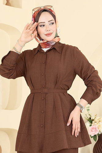 moda selvim Kemerli Tunik 2 li Takım 374ASN888 Kahve - Thumbnail