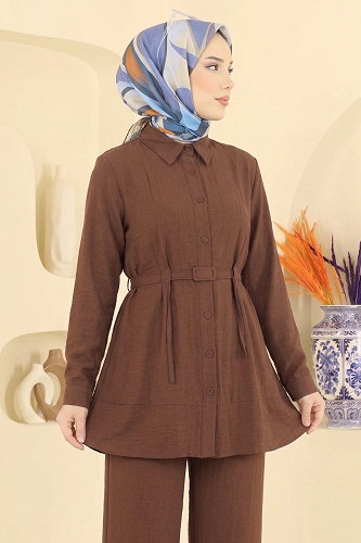 moda selvim Kemerli Tunik 2 li Takım 374ASN888 Kahve - Thumbnail