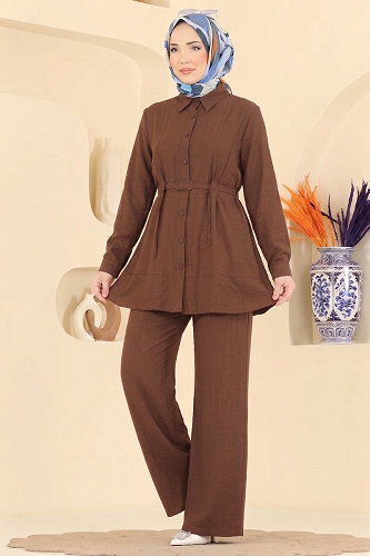 moda selvim Kemerli Tunik 2 li Takım 374ASN888 Kahve - Thumbnail