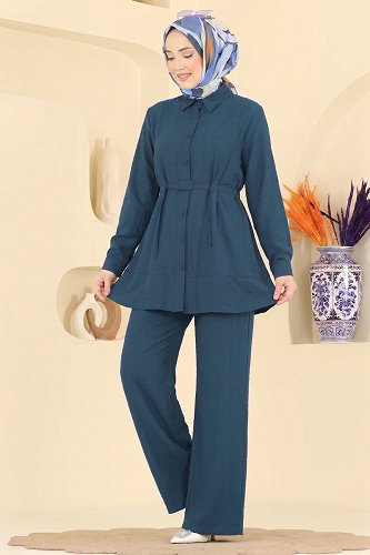 moda selvim Kemerli Tunik 2 li Takım 374ASN888 Petrol - Thumbnail
