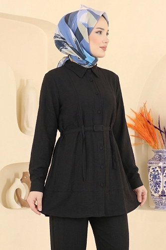 moda selvim Kemerli Tunik 2 li Takım 374ASN888 Siyah - Thumbnail