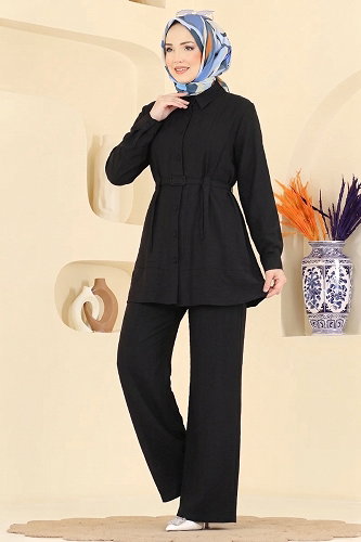 moda selvim Kemerli Tunik 2 li Takım 374ASN888 Siyah - Thumbnail