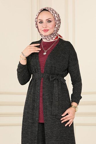 moda selvim Kemerli Üçlü Selanik Takım 116DVL817 Mürdüm&Siyah - Thumbnail